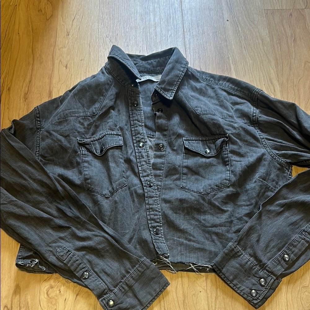 All Saints Cropped Button-Up Shirt Jacket in Washed Black